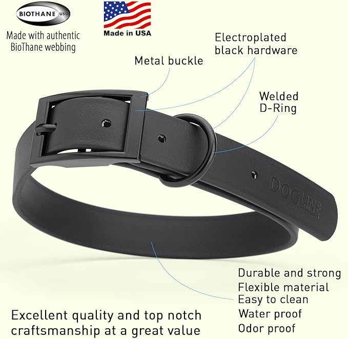 Dogline Biothane Coated Webbing Dog Collar with Black Metal Hardware: Durable Easy-Clean Everyday Collar for Dogs - Comfortable Adjustable Odor-Resistant Pet Collar, W1 x L22-25", Black