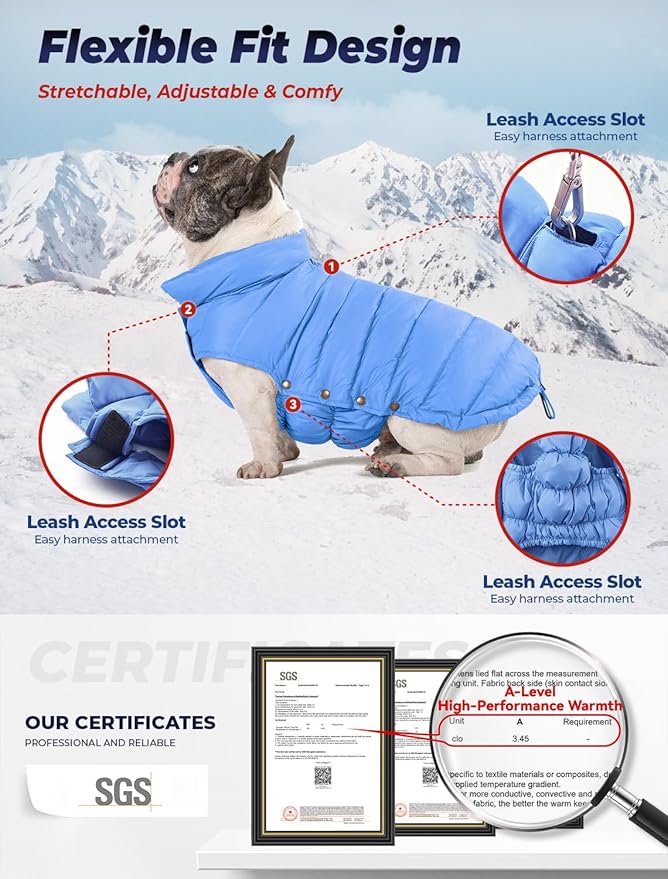 SPACE LION Dog Puffer Jacket, Down Winter Coat, Durable Outdoor Coat for Cold and Windy Conditions, Lightweight & Adjustable Fit Coats for Medium & Large Dogs,(Blue, Size16/XL)