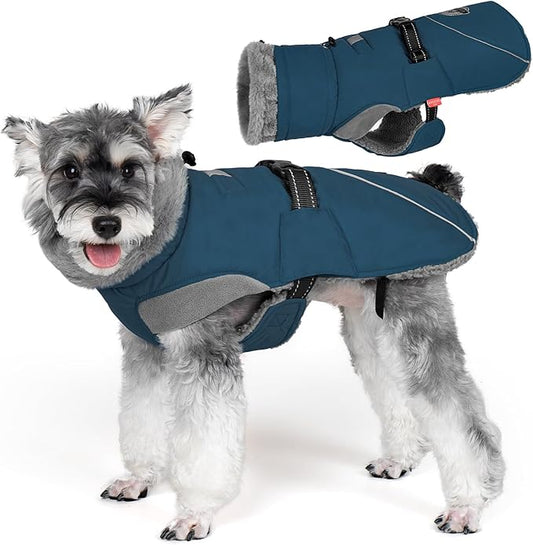 KYEESE Waterproof Dog Coat, Windproof Warm Winter Jacket with Thick Fleece Lined, Turtleneck Dog Coats for Small Dogs with Leash Hole, Reflective Outdoor Cold Weather Coat, Navy Blue, Medium
