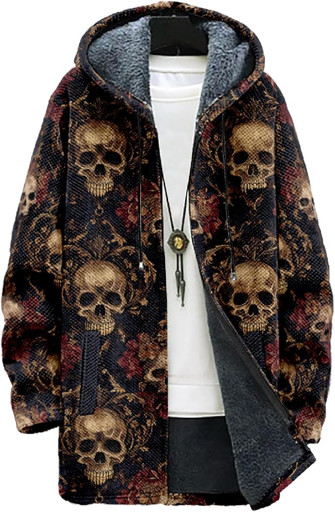 MARSVOVO Cool Hippie Long Cardigan Hoodies for Men Zipper Fleece Lined Knit Coat Skull Animal Print Graphic Jackets