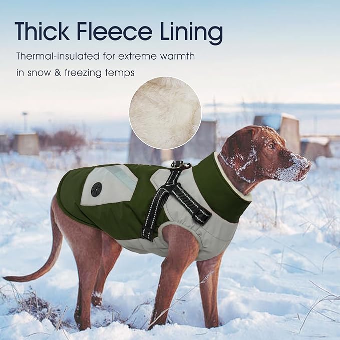IECOii Warm Small Dog Coat Harness with D Ring - Green, Zip Dog Jacket Winter Reflective, Fleece Lined Snow Jacket, Pet Clothes for Small Dogs, Yorkshire Terrier, Bichon, Shih Tzu