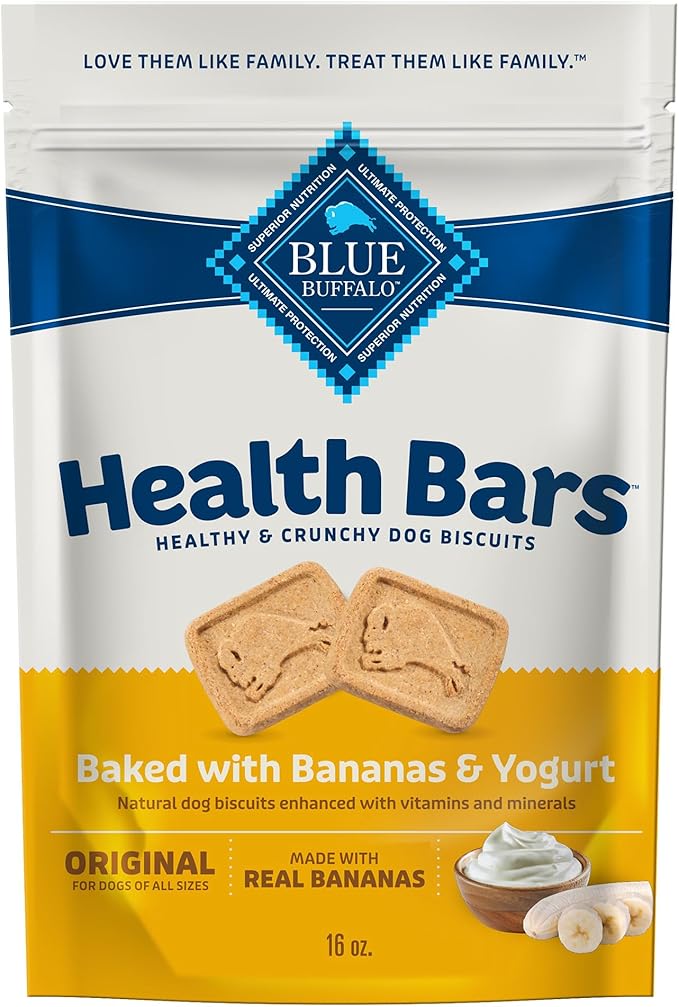 Blue Buffalo Health Bars Crunchy Dog Biscuits, Oven-Baked Dog Treats Made with Natural Ingredients, Bananas & Yogurt, 16-oz Bag