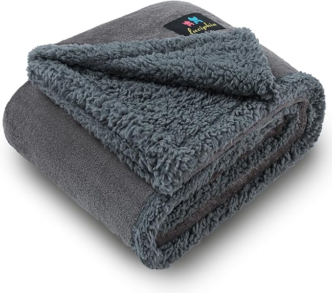 Luciphia Waterproof Bed Blanket Washable, Soft Sherpa Fleece Puppy Reversible Throw Blankets for Small, Medium Dog Cat, Furniture Cover Protector Couch from Liquid Pee and Pet Fur,Light Grey,57" x 40"
