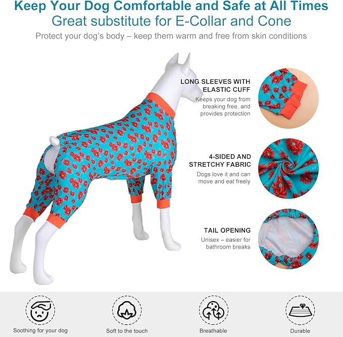 LovinPet Dog Clothes Large Size Dog Boy, Anti Licking Bodysuit, Pajamas for Pitbulls, Onesies for Dogs, Post Surgery, Tretchy Skin-Friendly Fabric, Pitbull Shirt, Mint & Dark Coral Floral Print, Large