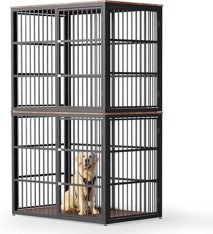 Lyromix 48'' Stackable Dog Crate Furniture Large Breed with Double Rooms,Wooden Dog Crate Heavy Duty Dog Kennel Indoor with Removable Divider for Small to Medium Dogs, Can Use Separately