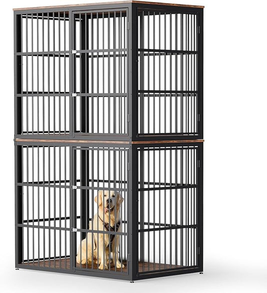 Lyromix 48'' Stackable Dog Crate Furniture Large Breed with Double Rooms,Wooden Dog Crate Heavy Duty Dog Kennel Indoor with Removable Divider for Small to Medium Dogs, Can Use Separately