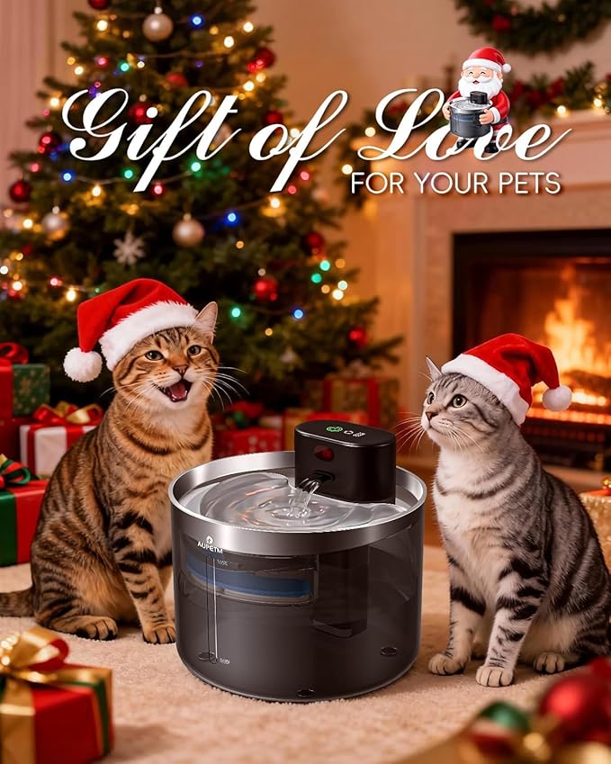 Cat Water Fountain Wireless Pet Fountain with Stainless Steel Tray, 45+ Day Battery, Motion Sensor & Timer, Cat/Dog Water Bowl Dispenser, Ultra Quiet 6-Stage Filtration (Round)