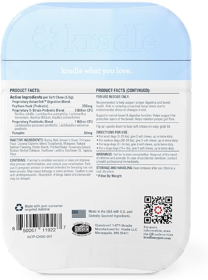 Kradle Probiotic Chews for Dogs - 3-in-1 Prebiotic Postbiotic Digestive Support - 5-Strain Probiotic Blend Pumpkin Psyllium Husk - Salmon Flavor - 180 Chews