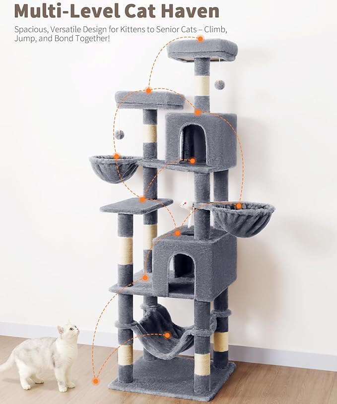 AMHANCIBLE Tall Cat Tree, 70 Inch Cat Tower for Indoor Cats, Multi-Level Cat Tree with Scratching Post, Hammock, Hanging Basket, Large Cat Condos for Adult Cats Kittens, Grey, PT18GY