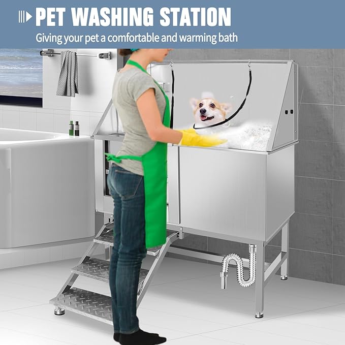 Stainless Steel Dog Washing Station For Large Dogs, Dog Grooming Tub For Home, Professional Dog Bathtub Bathing Station, Pet Wash Station, Dog Shower Tub With Stairs, Drain & Door