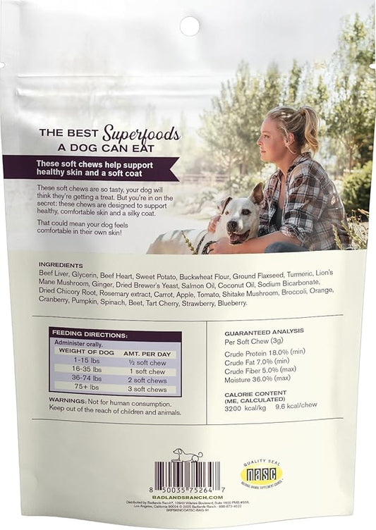 Badlands Ranch Super Skin & Coat Soft Chews for Dogs – Antioxidant-Rich Superfoods with Flaxseed, Salmon Oil, Turmeric & Lion’s Mane Mushroom – 60 Soft Chews