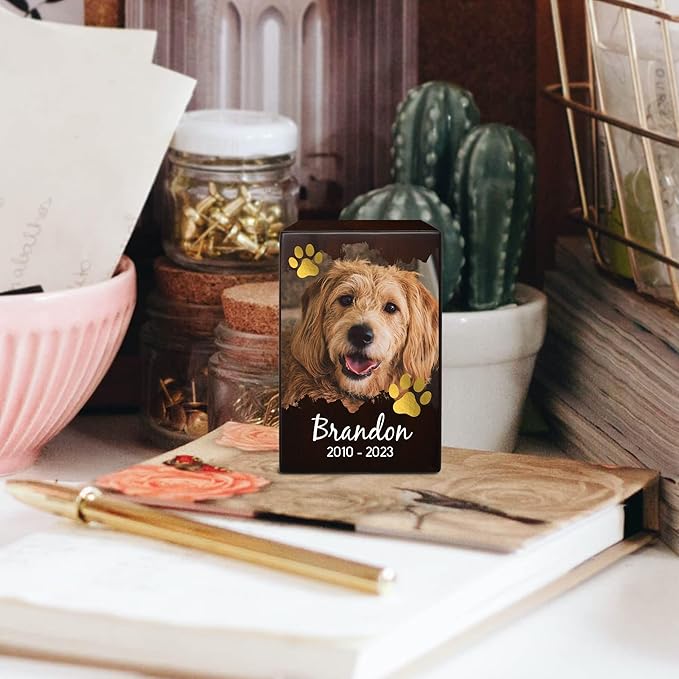 Custom Pet Keepsake Urns for Dogs, Wooden Box for Pet Ashes with Photo for Your Beloved Pets, Pet Cremation Urns as Sympathy Gifts for Pet Lovers - Small, 6" x 4" x 2.75" (Design 5)