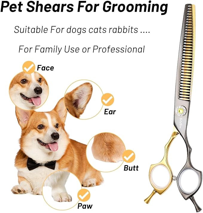 7.5inch Curved Thinning Dog Scissors, 35 Teeth High-end Dog Grooming Scissors, 25° Curved Blender, VG10 Steel Sharp Grooming Shears, Ergonomic Professional Pet Shears for Groomer