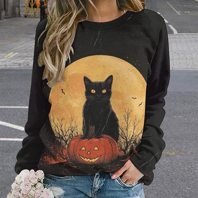 Womens novelty funny cat printed crewneck sweatshirt casual loose long sleeve graphic pullover sweatshirts tops