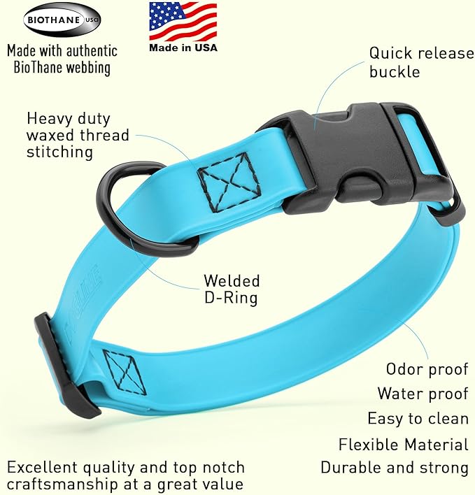 Dogline Durable Biothane Waterproof Collar for Dogs - Odor-Resistant Coated Webbing, Quick-Release Design, Comfortable Adjustable Fit, 3/4" W by 12-19" L, Sky Blue