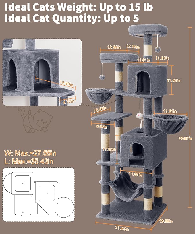 AMHANCIBLE Tall Cat Tree, 70 Inch Cat Tower for Indoor Cats, Multi-Level Cat Tree with Scratching Post, Hammock, Hanging Basket, Large Cat Condos for Adult Cats Kittens, Grey, PT18GY