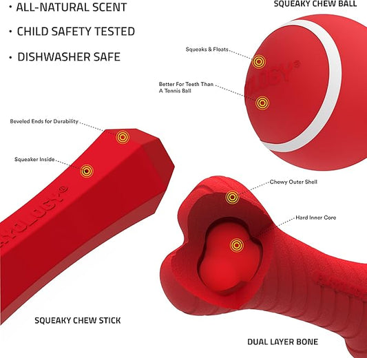 Playology Dog Toys | Variety Gift Box Set of Toys for Medium Dogs | Medium Beef Scented Dual Layer Bone, Squeaky Chew Ball, and Chew Stick - Easy to Clean and Made from Non Toxic Material