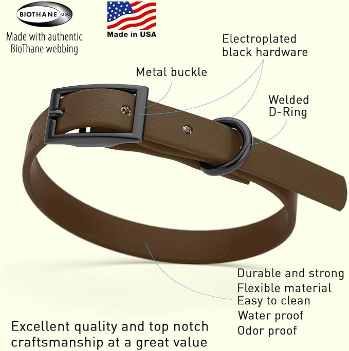 Dogline Biothane Coated Webbing Dog Collar w/Black Metal Hardware: Durable Easy-Clean Everyday Collar for Dogs - Comfortable Adjustable Odor-Resistant for Pets, W1/2" x L9-12, Dark Chocolate Brown