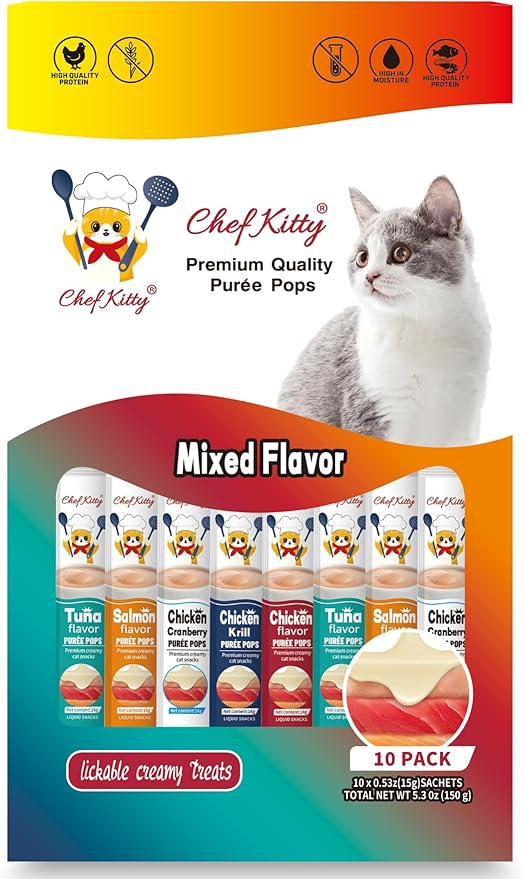 Chef Kitty Purée Pops, Cat Treats, Grain-Free, Lickable, Squeezable Creamy Cat Treat/Topper with Vitamin E & Taurine, 0.5 Ounces Each Tube, 10 Tubes, Chicken and Seafood Mix Variety