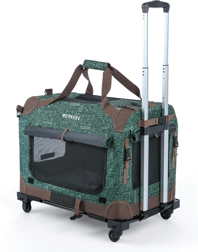 Extra Large Cat Carrier Soft Sided with Wheels Folding Small Medium Dog Pet Carrier 24"x16.5"x16" Travel Collapsible Ventilated Comfortable Design Portable Vehicle (Green)