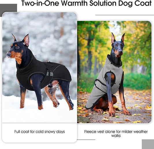 QBLEEV 2 in 1 Dog Coat, Waterproof Dog Winter Jacket with Detachable Fleece Vest, Windproof Warm Snow Jakcet with Harness Hole, Reflective Cold Weather Coats for Small Medium Large Dogs