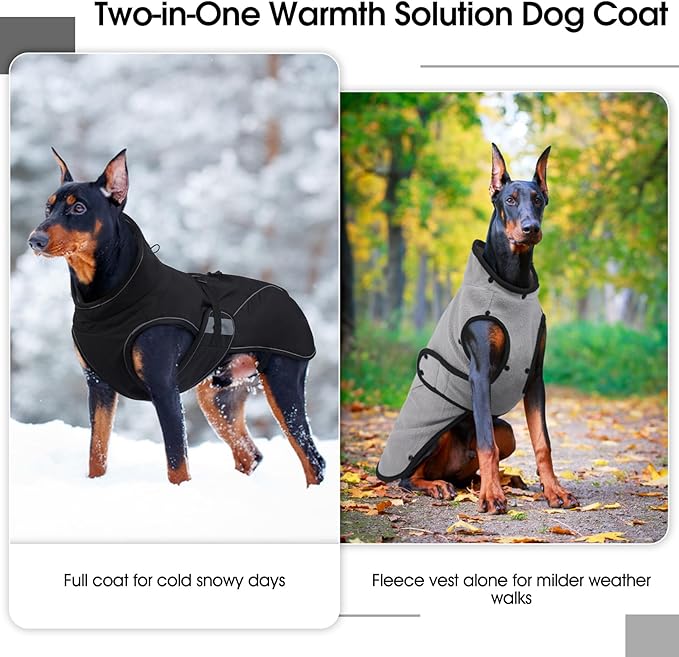QBLEEV 2 in 1 Dog Coat, Waterproof Dog Winter Jacket with Detachable Fleece Vest, Windproof Warm Snow Jakcet with Harness Hole, Reflective Cold Weather Coats for Small Medium Large Dogs
