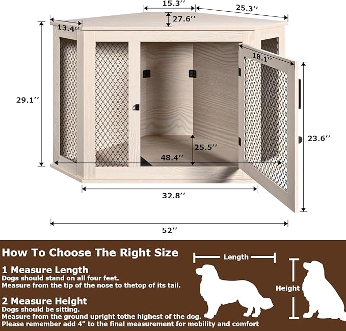 Corner Dog Crate Furniture, 52" Wooden Dog Kennel Furniture End Table with Mesh, Dog Kennel Indoor Furniture for Small Medium Large Dogs, Modern Decorative Wood Pet House Dog Cage Crate, White