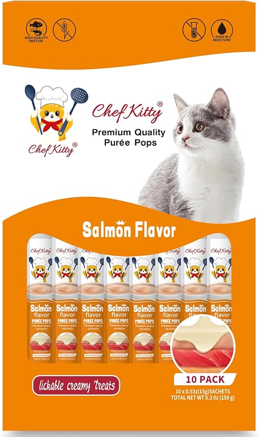 Chef Kitty Purée Pops, Cat Treats, Grain-Free, Lickable, Squeezable Creamy Cat Treat/Topper with Vitamin E & Taurine, 0.5 Ounces Each Tube, 10 Tubes, Salmon Flavor