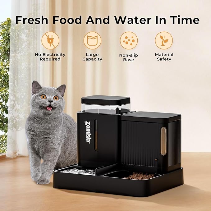 Gravity Cat Feeder and Water Dispenser Set, 2 in 1 Automatic Cat Feeder with 180 Degree Rotatable, Pet Self Feeding Large Capacity for Small Medium Dog Puppy Kitten, Black, 0.8 Gallon x 2