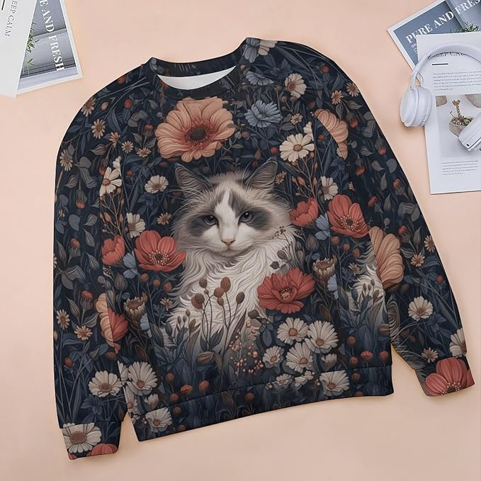 Womens novelty funny cat printed crewneck sweatshirt casual loose long sleeve graphic pullover sweatshirts tops