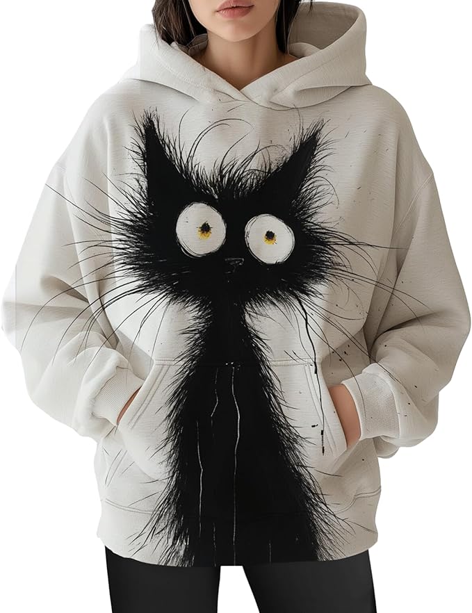 Womens Cat Print Hoodies Trendy Funny Cat Graphic Long Sleeve Sweatshirt Y2k Streetwear Hooded Pullover Tops
