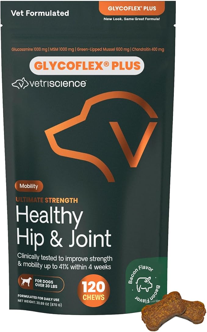 VetriScience GlycoFlex Ultimate Strength Healthy Hip & Joint Glucosamine Supplements for Dogs, with MSM, Chondroitin & Green-Lipped Mussel, Soft Chews, Bacon, 120 Count - New Look