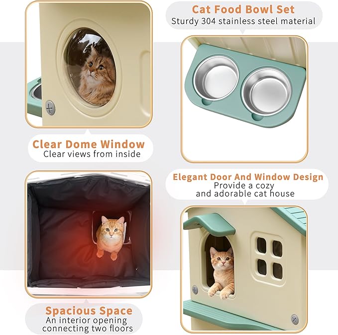 Rockever Outdoor Cat House with Insulated Liner, 100% Insulated Cat Houses for Winter Outside, 2 Story Waterproof Cat House For Outdoor Cats, Sturdy Stainless Steel Bowl & Scratching Post,Clean Easily