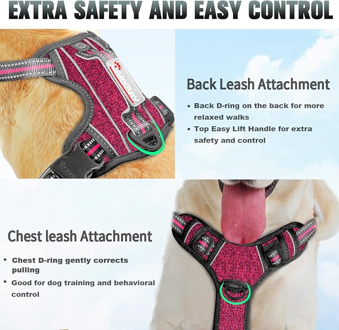 BARKBAY No Pull Dog Harness Large Reflective Dog Harness with Front Clip and Easy Control Handle for Walking Training Running with ID tag Pocket(Pink/Black,S)