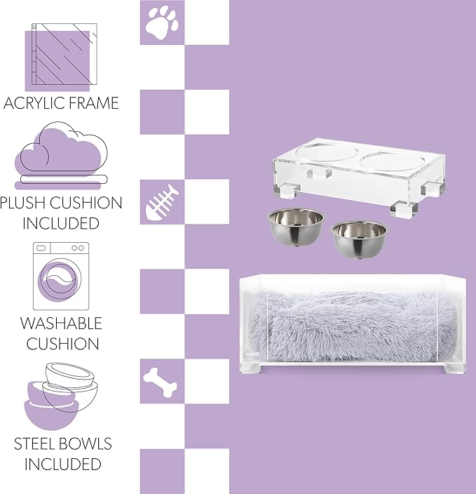 DBD2001A-2SET Billie 24" x 15.75" Small Modern Calming Fluffy Pet Bed with Washable Cushion and 4" Elevated Pet Feeder with 27 oz 2-Stainless Steel Bowls, Light Gray/Clear (Set of 2)