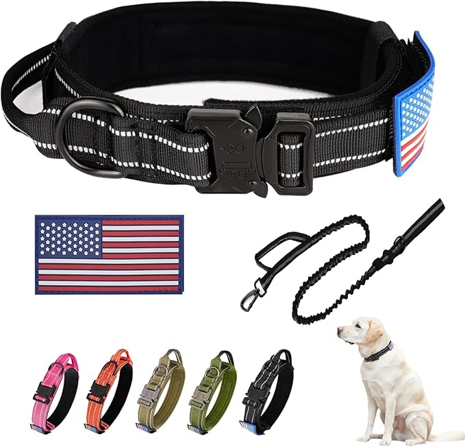 KCUCOP Heavy Duty Tactical Dog Collar and Leash Set, Military Training Nylon Reflective Collar with Handle Metal Buckle for Medium Large Dogs, Black, M (1 Patch Included)