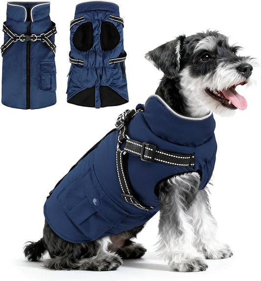 Dog Winter Coat with Harness Built-in | Waterproof Dog Jacket with Zipper & Fleece Lining | Reflective Cold Weather Coat for Small Medium Large Dogs