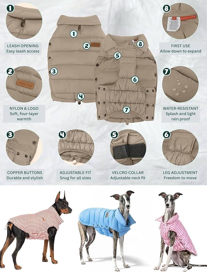 SPACE LION Dog Puffer Jacket, Down Winter Coat, Durable Outdoor Coat for Cold and Windy Conditions, Lightweight & Adjustable Fit Coats for Small & Medium Dogs, (Khaki, Size12/M)