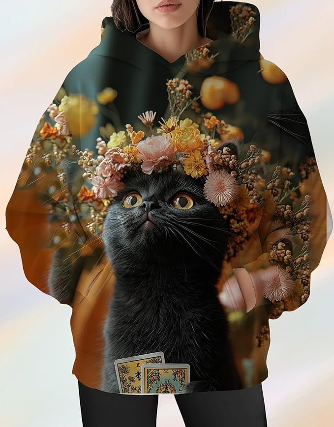 Womens Cat Print Hoodies Trendy Funny Cat Graphic Long Sleeve Sweatshirt Y2k Streetwear Hooded Pullover Tops