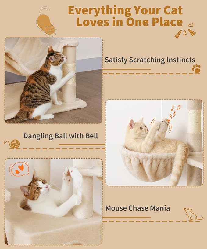 AMHANCIBLE Tall Cat Tree, 70 Inch Cat Tower for Indoor Cats, Multi-Level Cat Tree with Scratching Post, Hammock, Hanging Basket, Large Cat Condos for Adult Cats Kittens, Beige, PT18BG