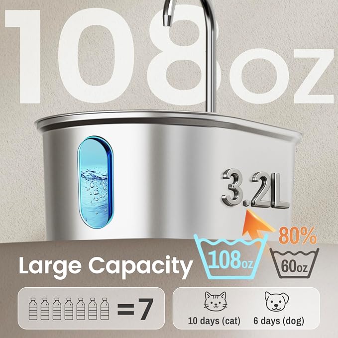 Cat Water Fountain Stainless Steel, 108oz/3.2L Quiet Automatic Cat Fountain for Drinking, Safe Auto Shut-Off, Large Oval Pet Water Dispenser for Dogs Indoor with 1 Replacement Filter