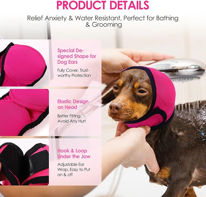 KOESON Dog Calming Hoodie - No Shake Ear Wraps for Dogs, Anxiety Relief & Noise Protection, Water Resistant Pet Ear Cover Muffs for Firework, Grooming, Thunderstorms, Swimming, Bathing, Hot Pink M