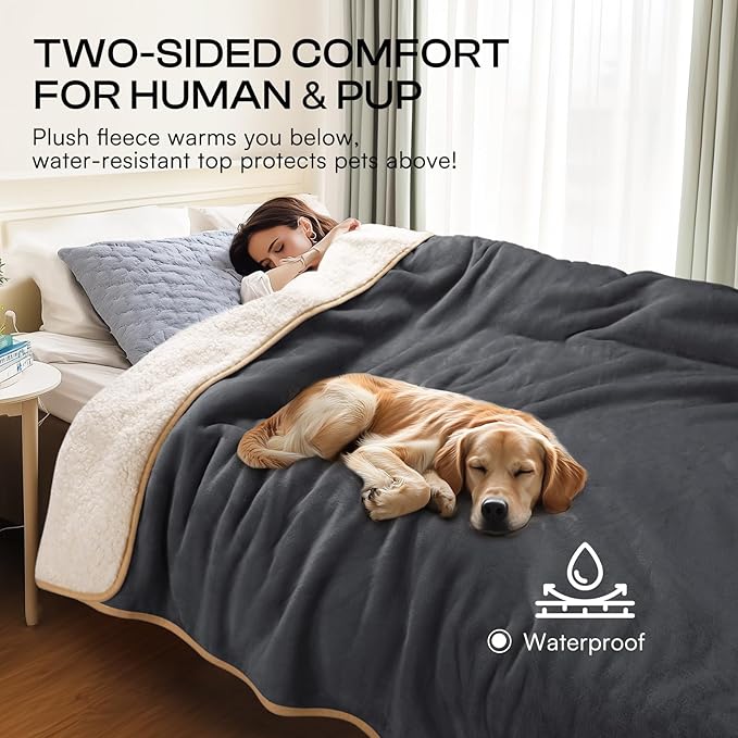 Luciphia Waterproof Pet Blanket, Liquid Pee Proof Dog Blanket for Sofa Bed Couch, Reversible Sherpa Fleece Furniture Protector Cover for Small Medium Large Dogs Cats, Grey+Beige Medium（57" x 40"）