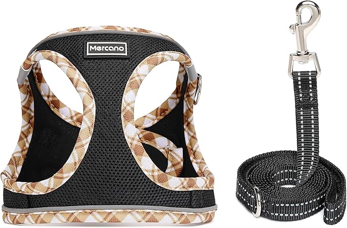 Mercano Soft Mesh Dog Harness and Leash Set, No-Chock Step-in Reflective Breathable Lightweight Easy Walk Vest Harnesses with Safety Buckle for Small Dogs, Cats (Black Yellow, L)