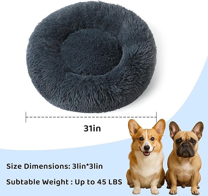 Donut Pet Bed for Medium Size Dog, Round Calming Soft Cat Cuddler,Anti Anxiety Cozy Soft Sofa,Fluffy Faux Fur Plush Cushion-31''-Dark Grey