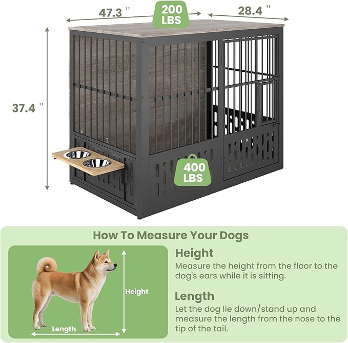 48 Inch XXL Dog Crate Furniture, Wooden Chewproof Dog Kennel with Interactive Window, 360° Adjustable Bowls (5 Heights), Storage Table Top, Heavy Duty XL Dog Crate for Medium Large Dogs, Gray