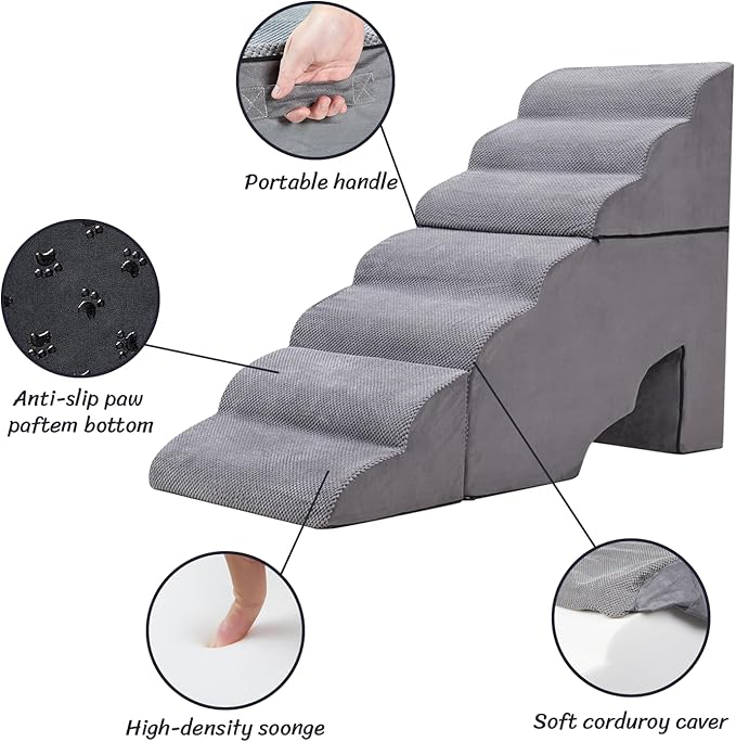 Dog Stair for High Beds 36 inches Tall, 33D Foam Dog Ramp for Bed 32 inches, 7-Step Pet Stair Steps for Small Large Dogs for Bedsides Climbing, Non-Slip Doggie Steps for Older Dogs/Cats, Grey