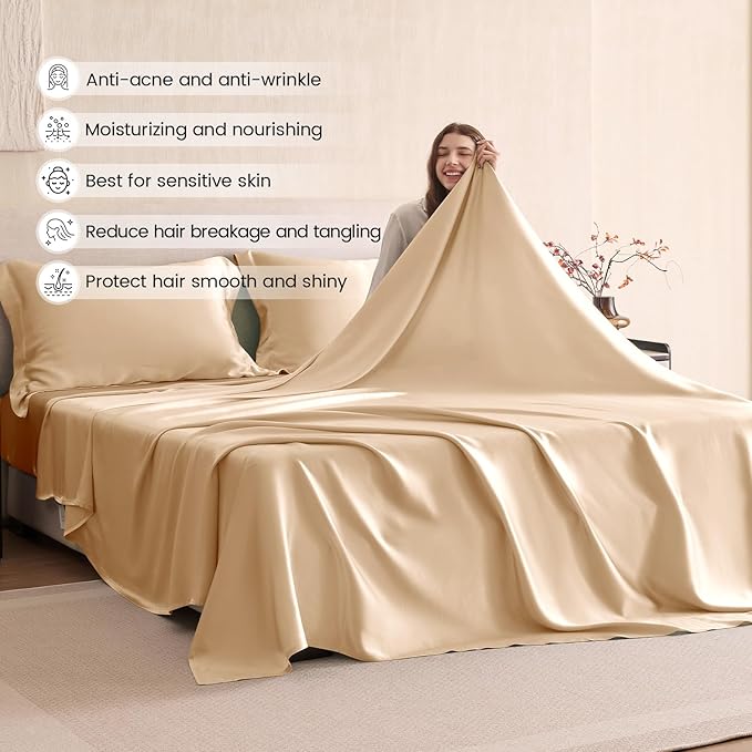 THXSILK Silk Sheet Set 4Pcs, 6A+ Top Grade 100% Natural Mulberry Silk Bed Sheets, Luxury Bedding Sets Ultra Soft Durable, 1 Fitted Sheet, 1 Flat Sheet and 2 Pillow Shams (Cal. King, Champagne)