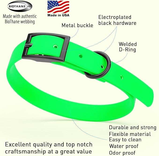 Dogline Biothane Coated Webbing Dog Collar with Black Metal Hardware: Durable Easy-Clean Everyday Collar for Dogs - Comfortable Adjustable Odor-Resistant Pet Collar, W5/8" x L12-15, Tropical Green
