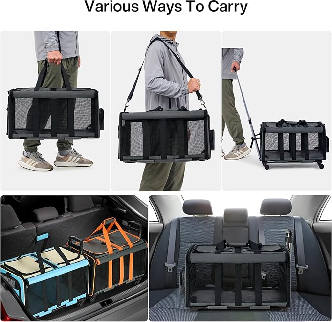 MILADA Large Cat Carrier for 2 Cats, Soft Big Pet Carrier with Wheels, Double Cat Carrier on Wheels, Rolling Pet Carrier for Travel Hiking Shopping and Camping（Not for Air Travel）, Grey